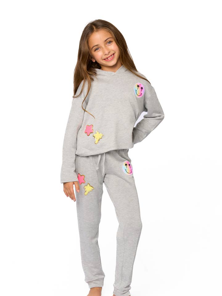Heather Gray Girls 4-6x Sweatpants with Smiley Patches for wholesale on Faire