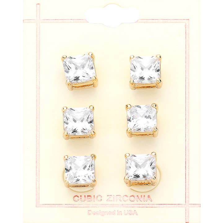 Sensibling Corp. - Wholesale Stud/Post Earrings - 3Pairs - CZ Square Stone Stud Earrings