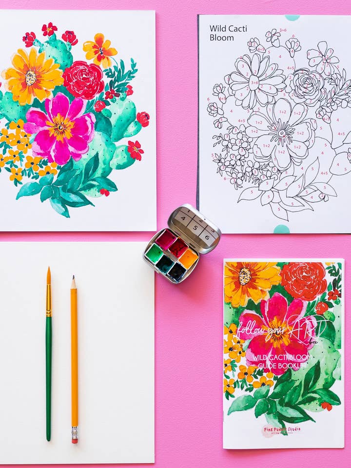 Kit de peinture à l'aquarelle Wild Cacti Flower by Number pour la vente par Pink Puddle Studio