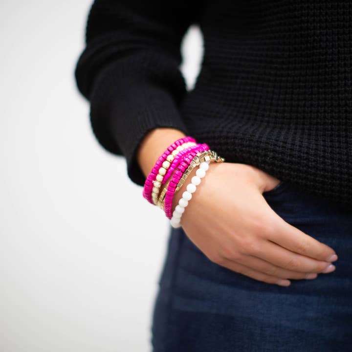 Funky Monkey Fashion - Wholesale Beaded Bracelet - *$3.97 Closeout* Boho Bracelet - Pink & Off-White