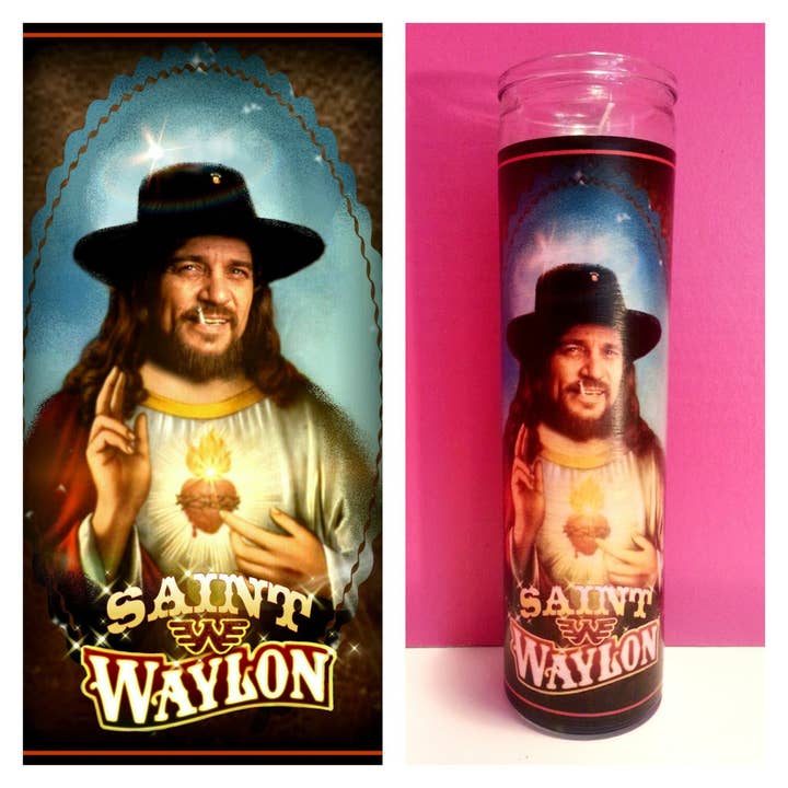 Waylon Jennings Prayer Candle for wholesale by Kitschup Creations