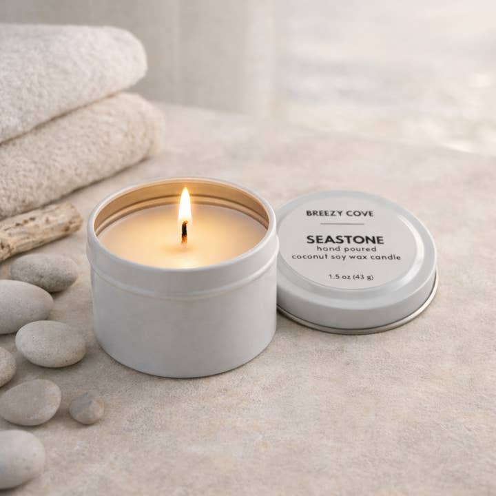 Breezy Cove - Wholesale Travel Candles - Seastone Beach Candle, Mini Tin Candle, Coconut Soy