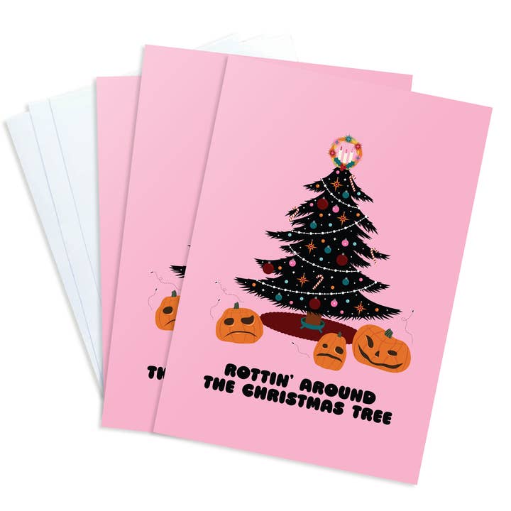 Rottin' Around The Christmas Tree Spooky Holiday Card for wholesale by Krystan Saint Cat