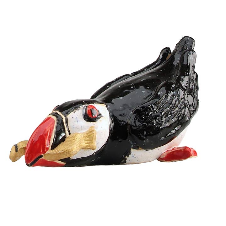 Handmade Ceramic Figurine Puffin with Fish for wholesale by Enigma Supplies