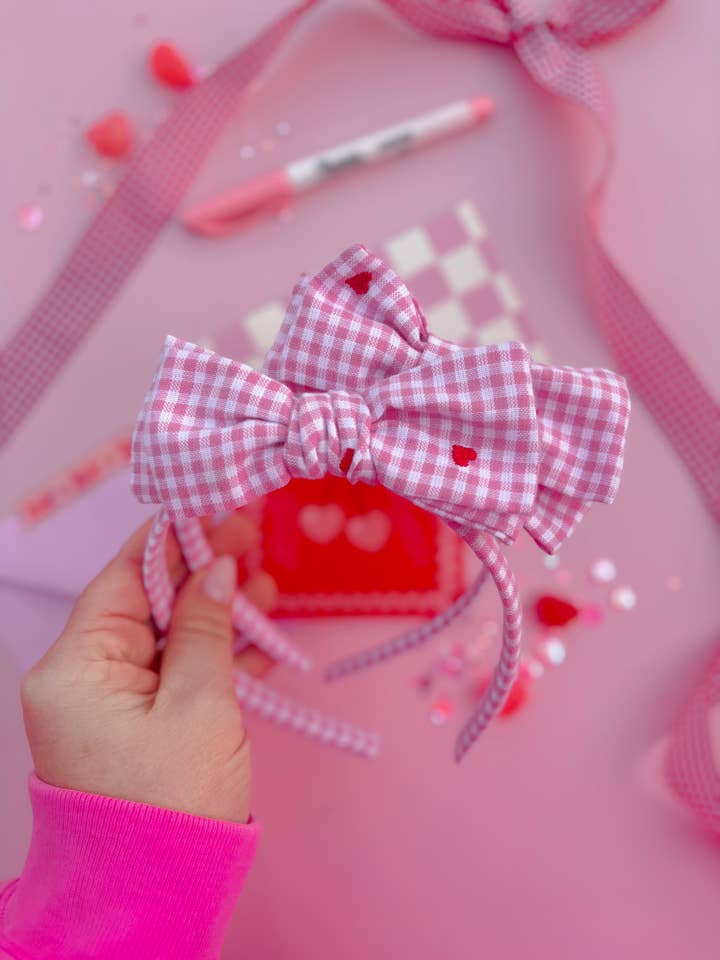 Pink Gingham Red Heart Bow Headband for wholesale by Evie Pearl Handmade LLC
