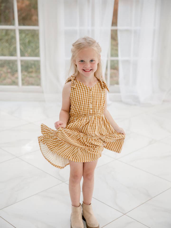 Emma Grace Shoppe - Wholesale Dress - Kids - EG Organic Tiered Tie- Dress - Golden Gingham