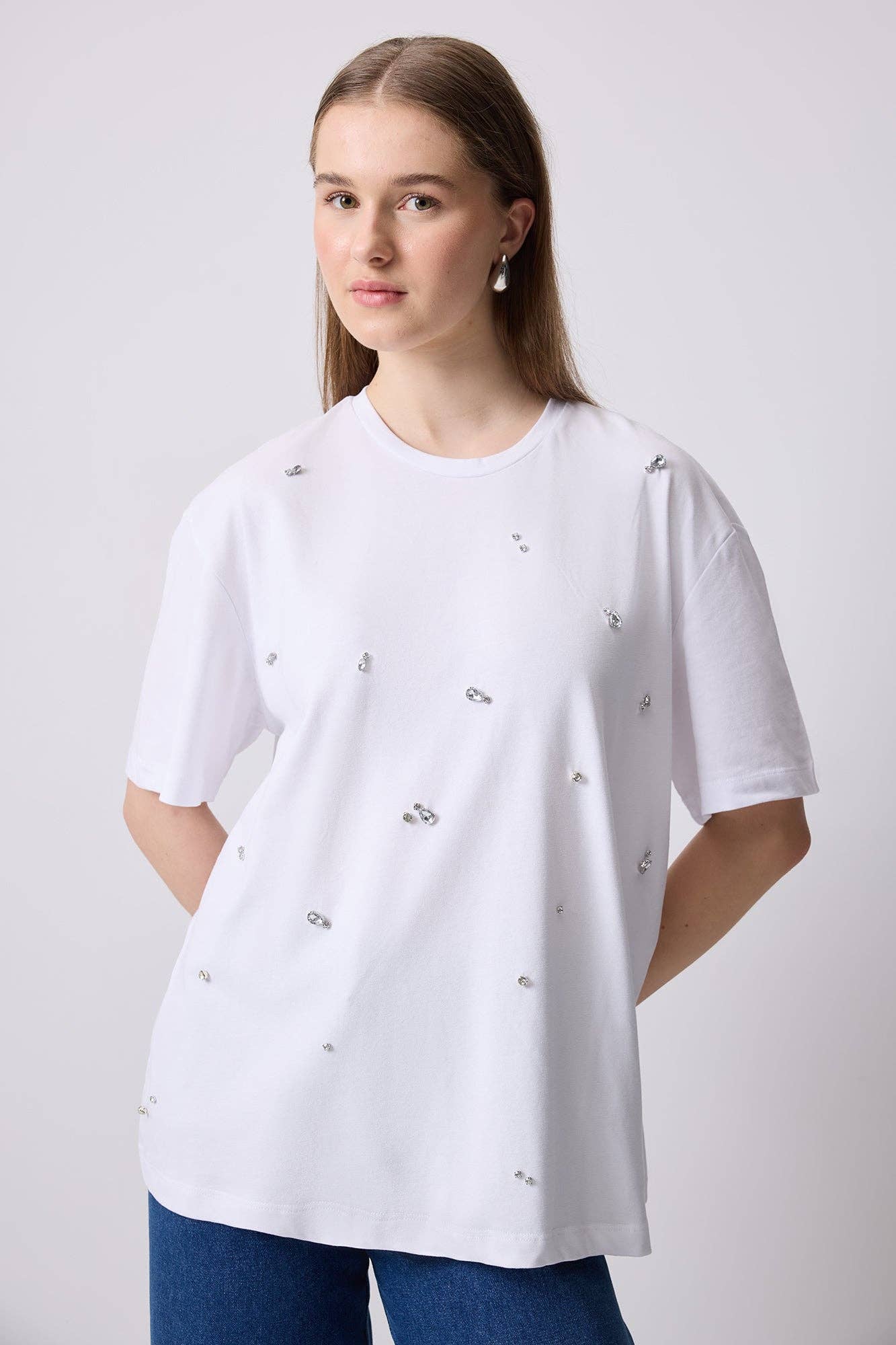 White JEWELED OVERSIZE T-SHIRT - COTTON BLEND for wholesale on Faire4