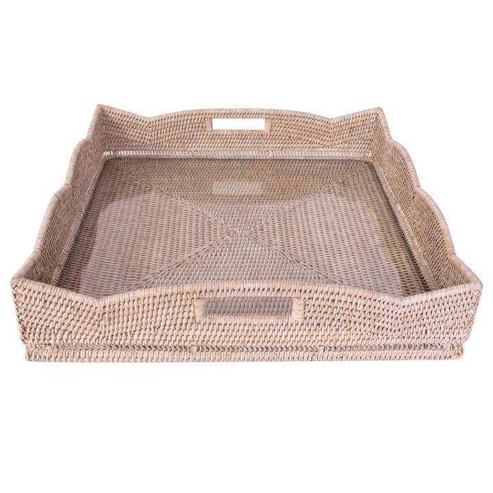 Artifacts Trading Company - Wholesale Decorative Tray - Rattan Scallop Square Tray with Glass Insert3