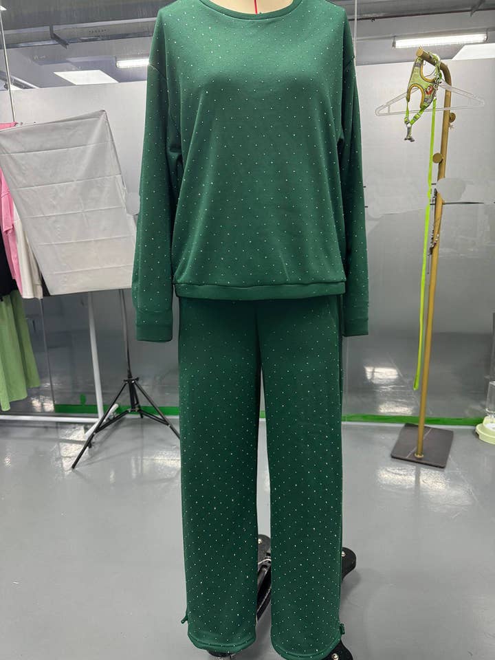 Rosa Clothing - Wholesale Top & Pant Set (NOT Loungewear) - Women's - Allover Rhinestone sweatshirt wide leg Leisure set8