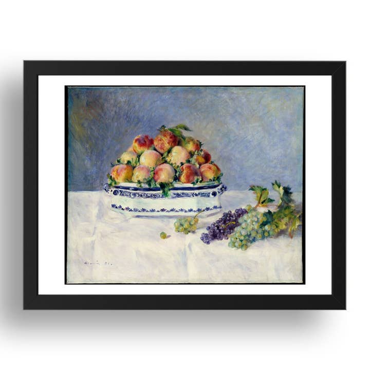 Auguste Renoir: Stilleben med persikor och druvor (1881), vintagekonstverk, A3-storlek reproduktionsaffisch i 17x13" svart ram för wholesale av PERIOD PRINTS