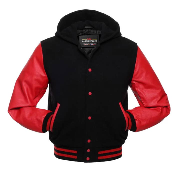 Black Wool & Red Leather Sleeves Hoodie Letterman Jacket for wholesale by Varsity Craft