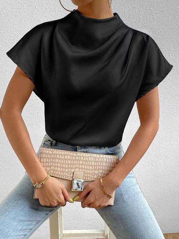 Sheer Trend - Wholesale Blouse - Dames - Losse T-shirts met korte mouwen en geplooide effen kleuren en ronde hals5