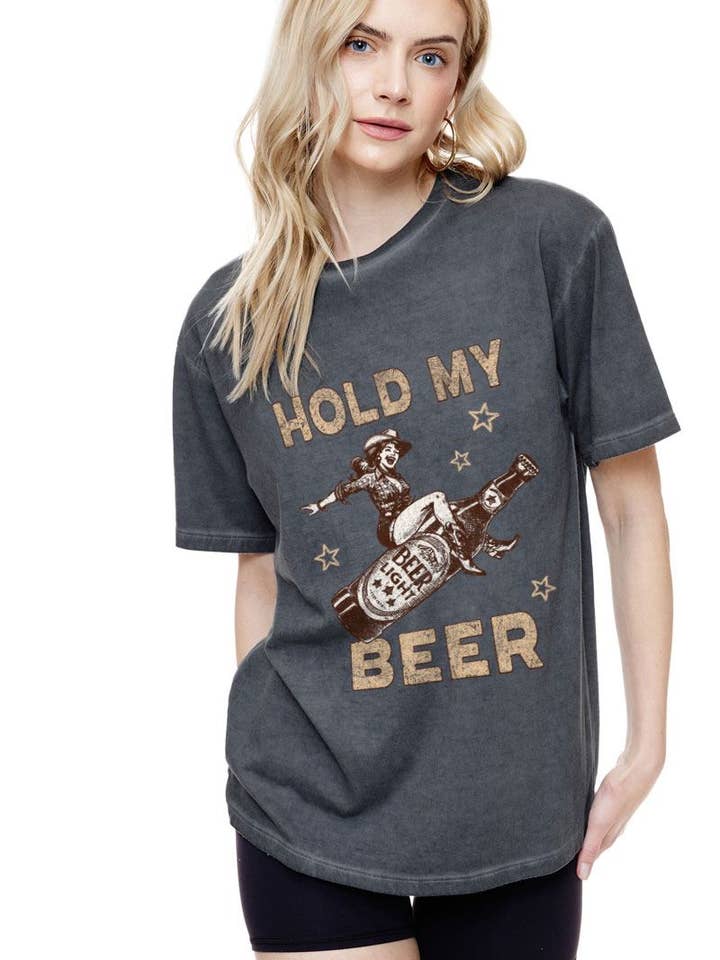 Hold My Beer Cowgirl Vintage Graphic S/S Lunar Dye Tee for wholesale by Zutter