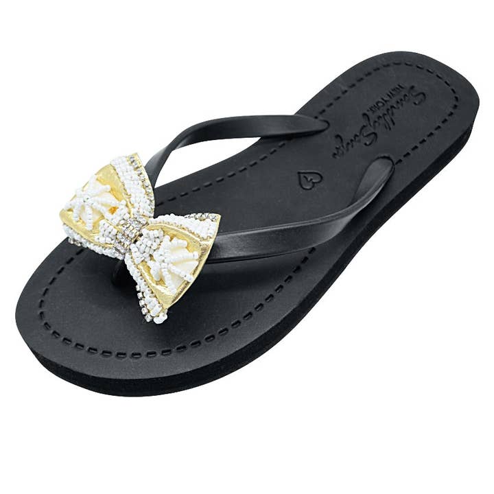 Gold and Pearl Bow - Women's Flat Sandal for wholesale by Sand by Saya