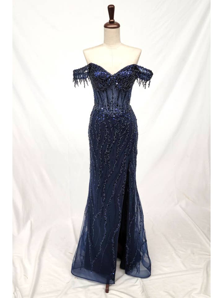 Chicas - Wholesale Gown - Women's - Off the Shoulder Sequin and Bead Long Dress C3319