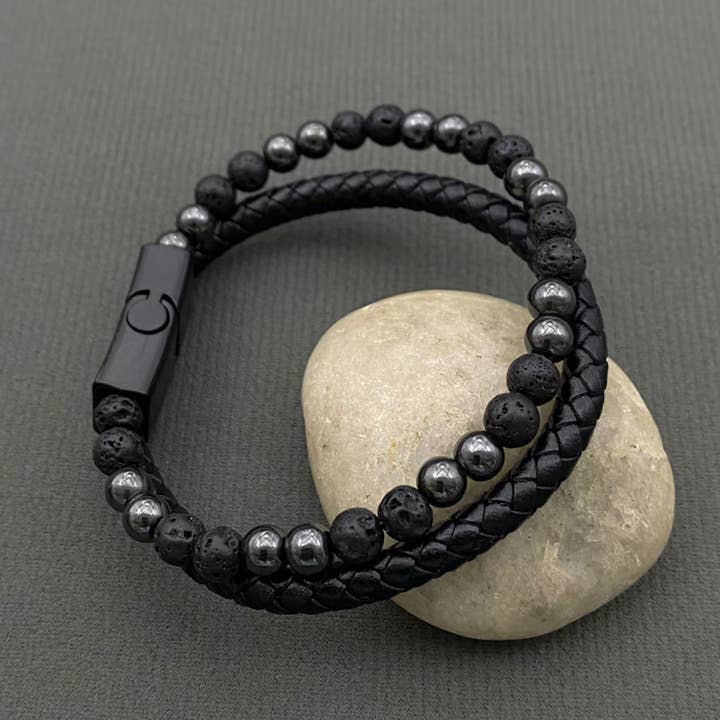 Mio Queena - Wholesale Bangle Bracelet - Stone Beads PU Leather Men's Magnetic Buckle Bracelet -MJ/BC1