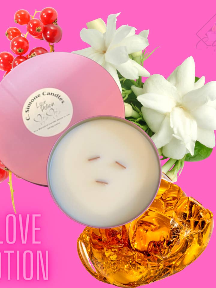 Lot de 4 bougies de luxe à mèche en bois Love Potion pour la Saint-Valentin pour la vente par C. Simone Candles