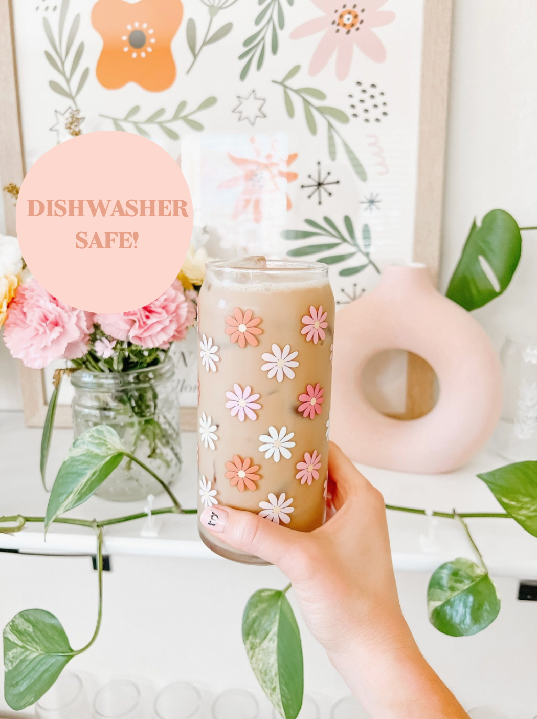 GSPY Daisy Aesthetic Cups, Iced Coffee Cup, Cute Glass Cup with