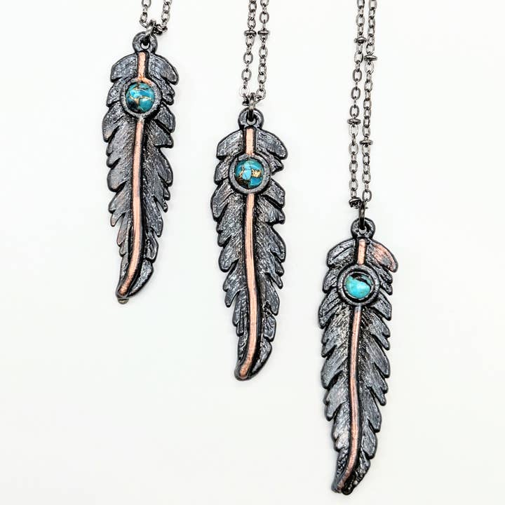 Gunmetal Feather Pendant with Turquoise for wholesale by MergingMetals