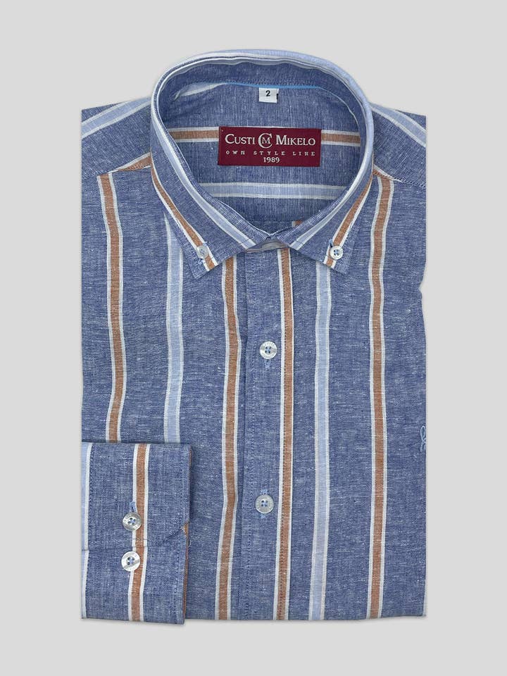 Custi Mikelo - Wholesale Button Down Shirt - Men's - Blue Orange Striped Linen Shirt | Alcudia
