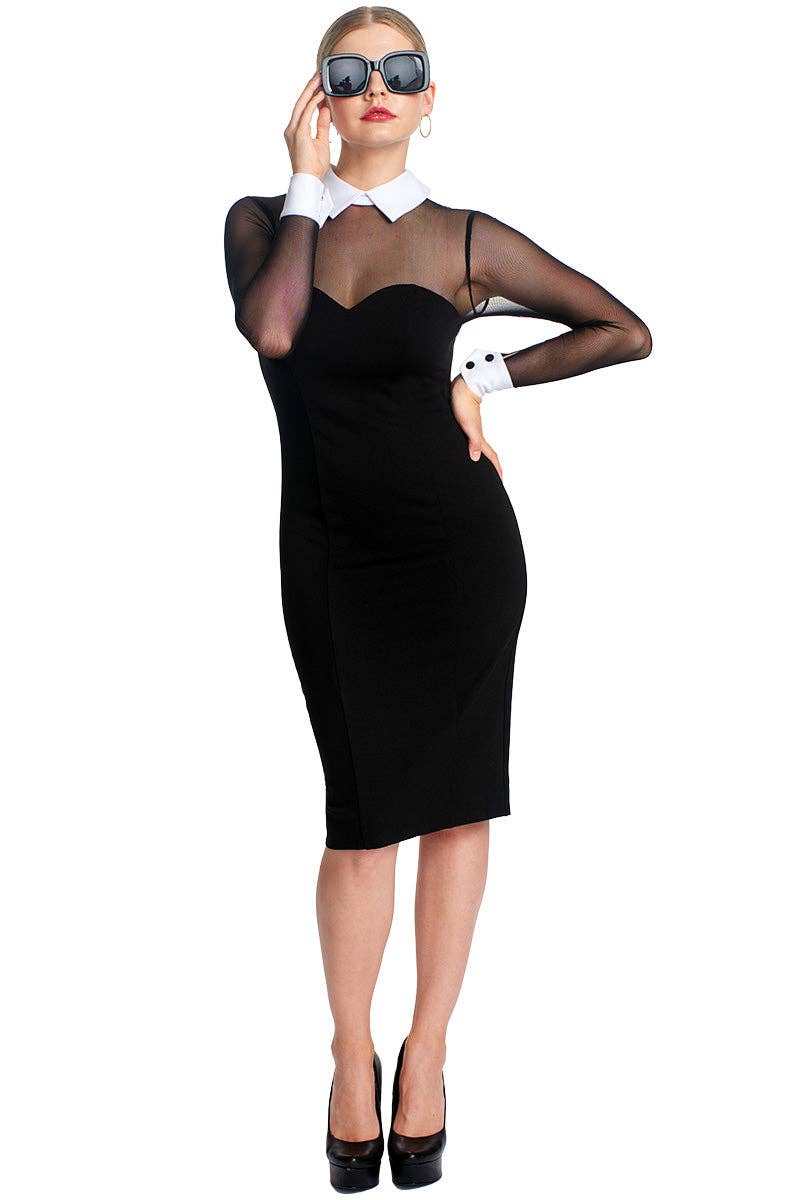 Tuxedo Illusion Dress - Black & white midi dress with mesh sleeves, contrast collar & cuffs for wholesale on Faire6