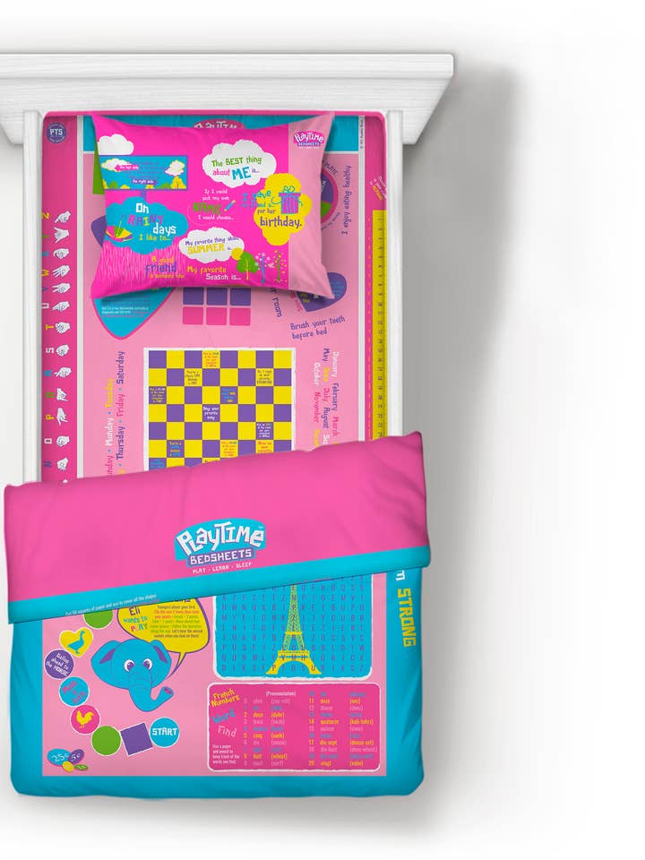 Playtime Bed Sheets Twin - 75 interactive Fun Games (Pink) for wholesale by Playtime Edventures LLC