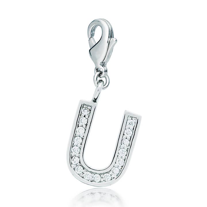 My Jewellery Story - Wholesale Individual charm/pendant - Letter U Initial Charm, CZ Rhodium Plated Pendant0
