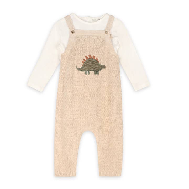 Oatmeal Heather Dino Embroidered Baby Knit Overall Set (Organic) for wholesale on Faire9