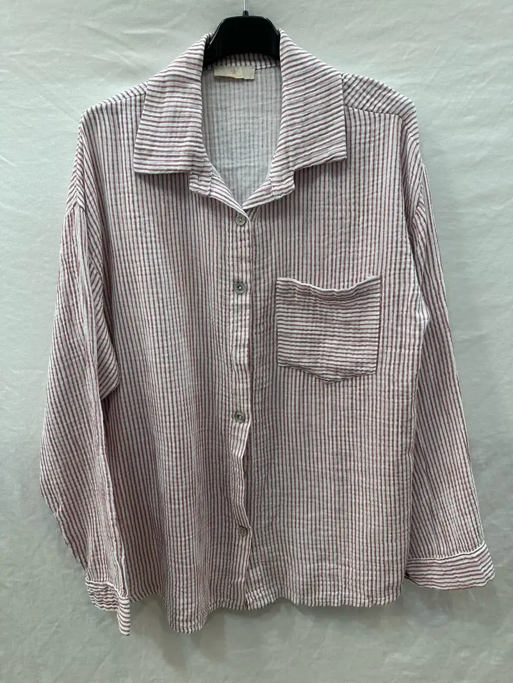 Mimi & Gogo - Wholesale Button Down Shirt - Women's - Striped Cotton Gauze Shirt Pocket @3230_ChRPoche5