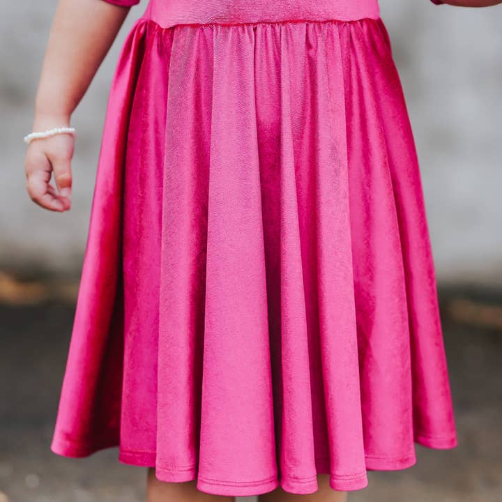 millie + roo LLC - Wholesale Dress - Kids - VELVET MID SLEEVE TWIRL- Pink Opal (Hot Pink) Stretch Velvet Twirl Dress5