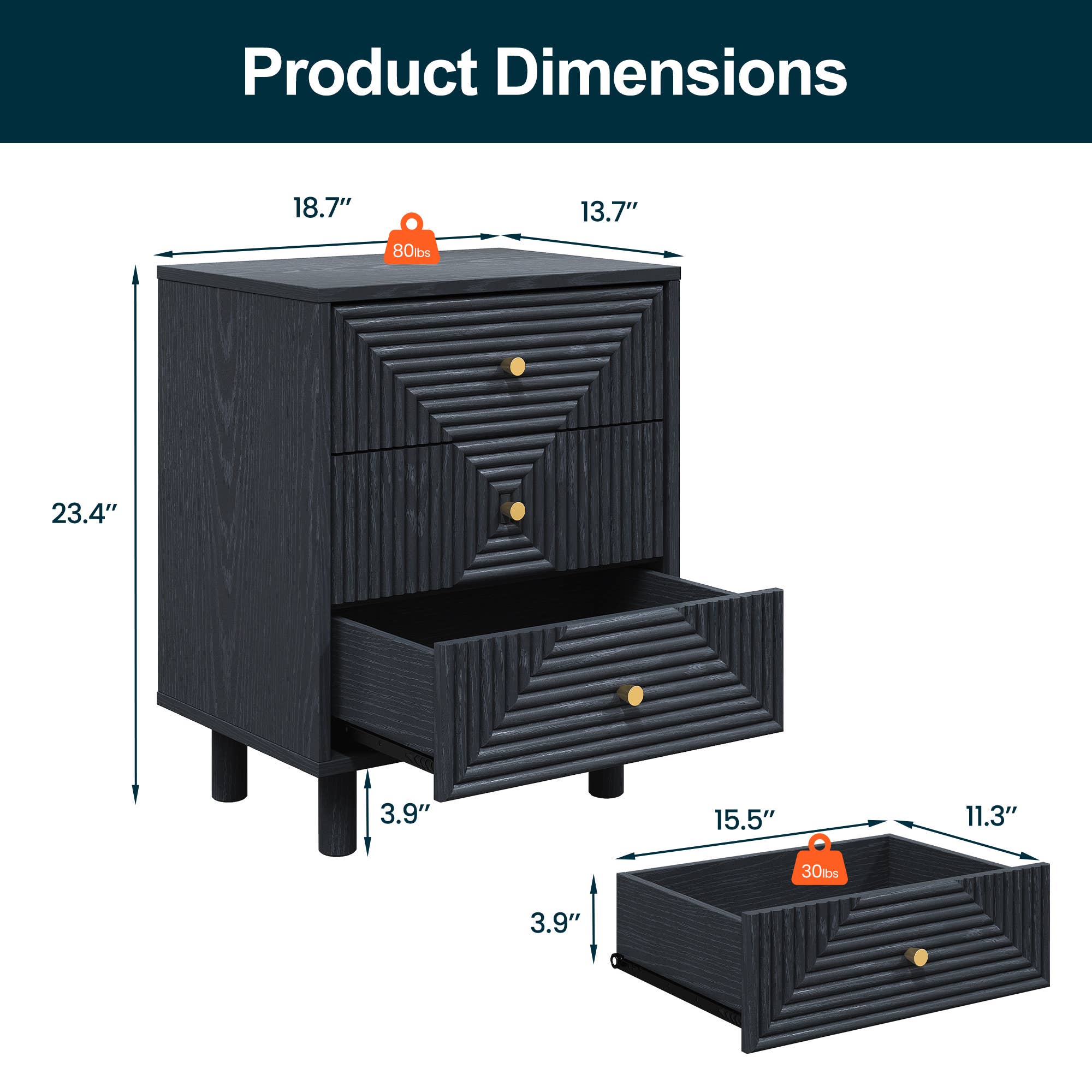 Heynemo - Wholesale Cabinet - Black 3 Drawer Nightstand, Small Dresser Wooden Storage8