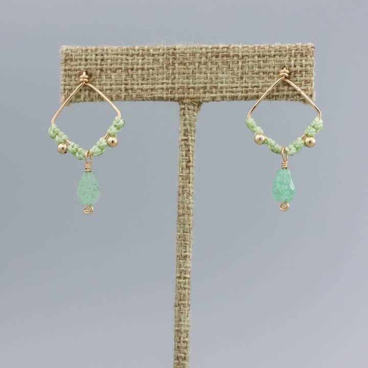 Green Chalcedony Square Macrame Earrings / Gold - Handmade for wholesale by The Stitch Alliance