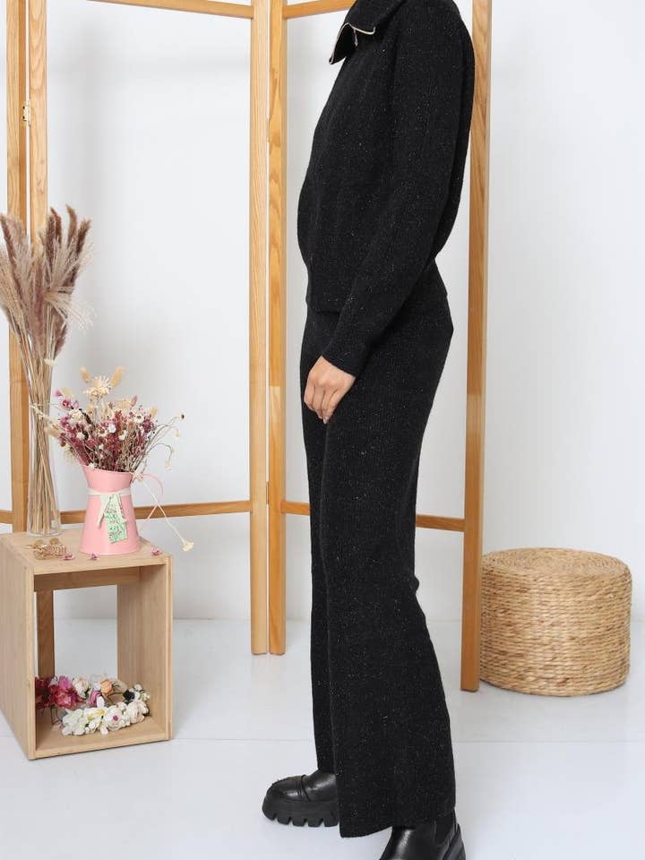 DIX-ONZE - Wholesale Top & Pant Set (NOT Loungewear) - Women's - Zipped Knit Set – Wide Collar Jacket & Straight Pants5