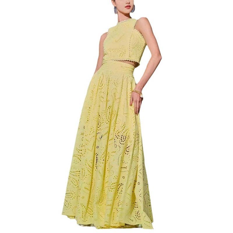 OceanusSwim - Wholesale Top & Skirt Set - Women's - Hollow Print Sleeveless Top And Midi Skirt Set0