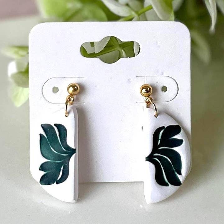 Polymer Clay Leaf Earrings – White and Green Modern Dangles for wholesale by K's Craft House