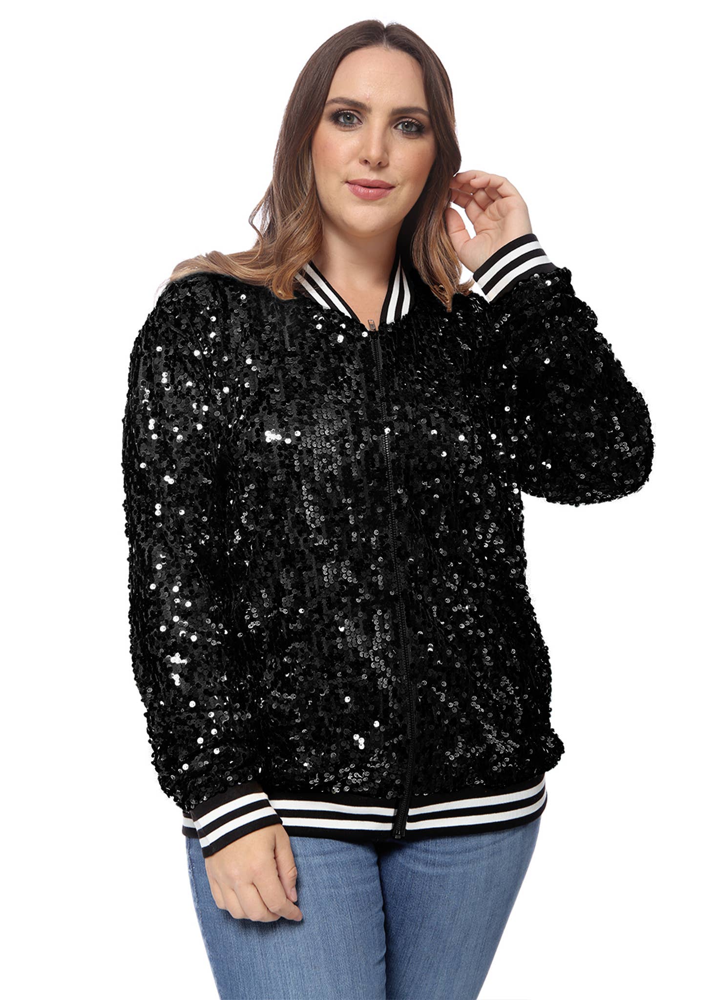 Anna Kaci Wholesale - Wholesale Bomber Jacket - Women's - Plus Size Sequin Bomber Jacket58