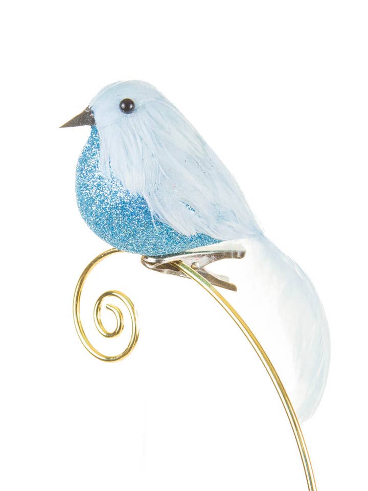 Baby blue Googly-Eyed Bird Ornament with Glittered Body for wholesale by Starlight Collection