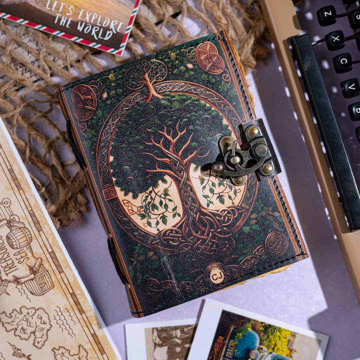 R K Handicrafts and Exporters - Wholesale Journal/Diary - Leather Journal Notebook with Vintage Paper Tree Print