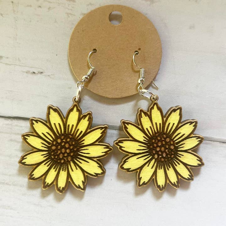 Sunflower Wooden Laser Cut Earrings for wholesale by Little Country Cottage LLC