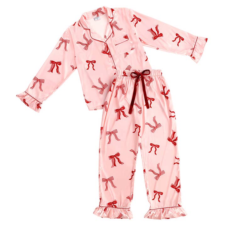Bella Sleep + Spa - Wholesale Sleepwear Set - Women's - Ruffle PJ Set With Velvet Tie - Blush + Striped Bows