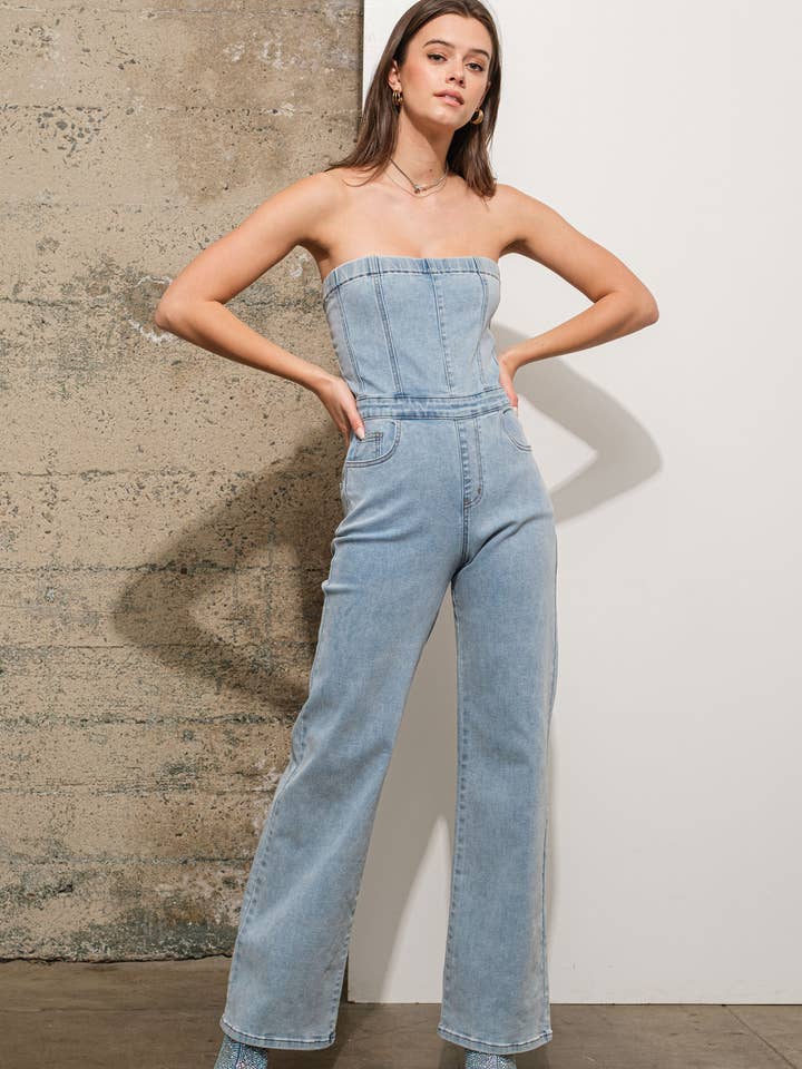 80360R - Combinaison tubulaire en jean stretch pour la vente par Blue B