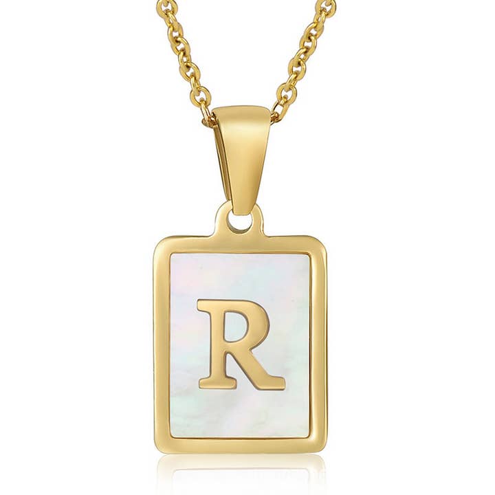 NINEXIS - Wholesale Pendant/Charm Necklace - CWAJE1917_Square Stainless Steel White Shell Letter Necklace18