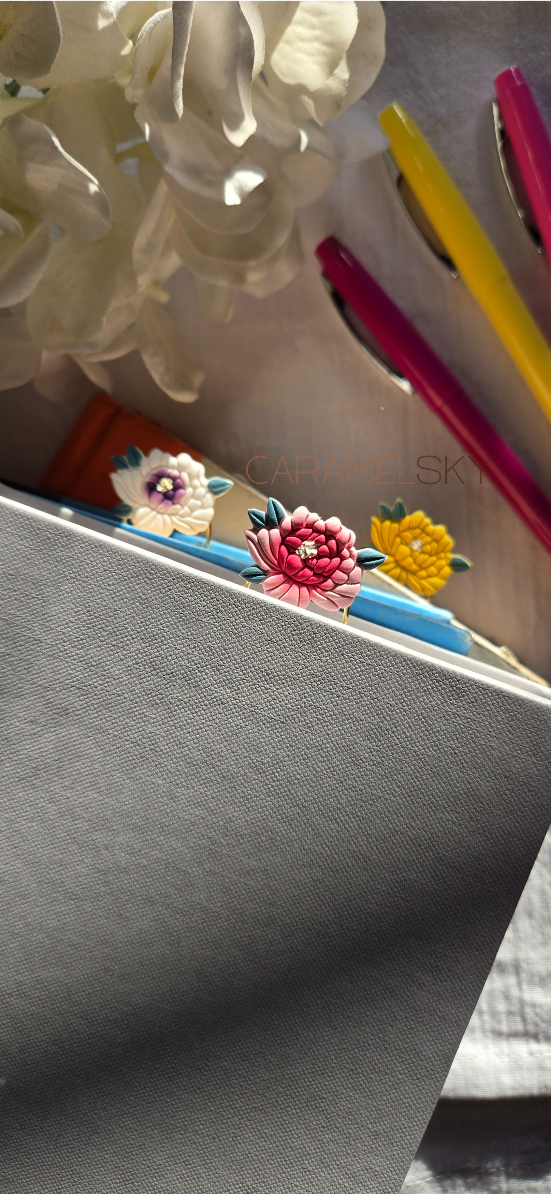 Caramel Sky – wholesale Bookmark – Handmade Peony Flower Paperclip Bookmark, Clay Bookmark10