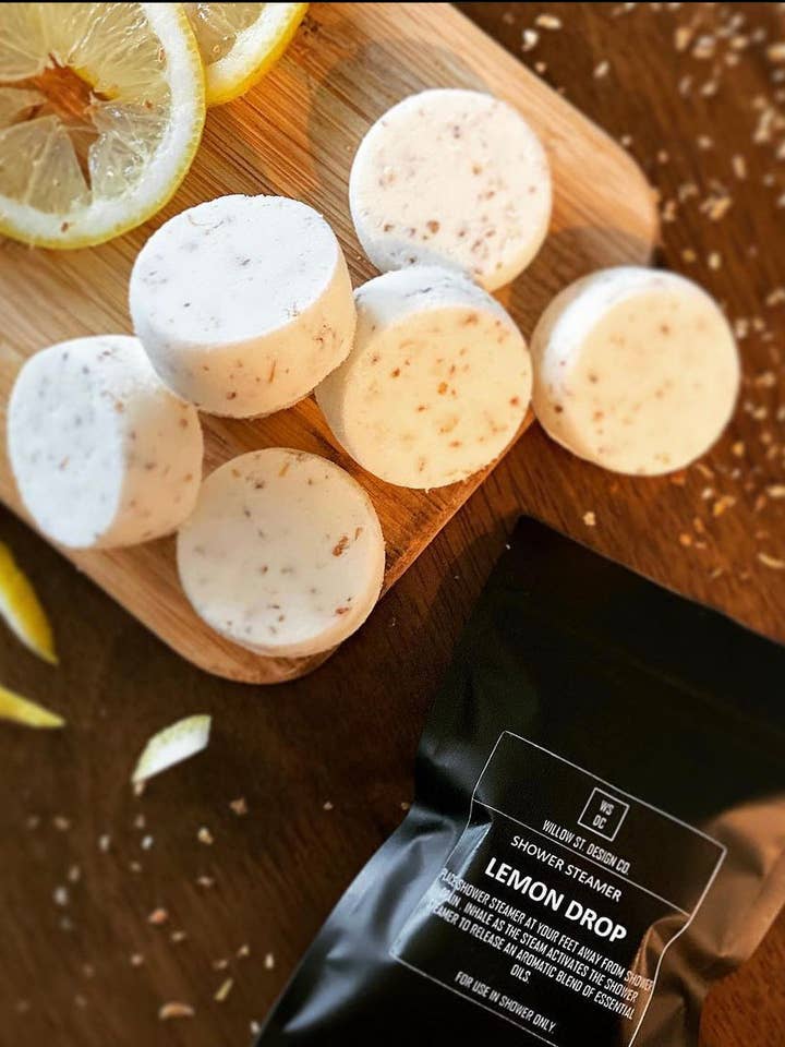 Lemon Drop Shower Steamers for wholesale by Willow St. Design Co