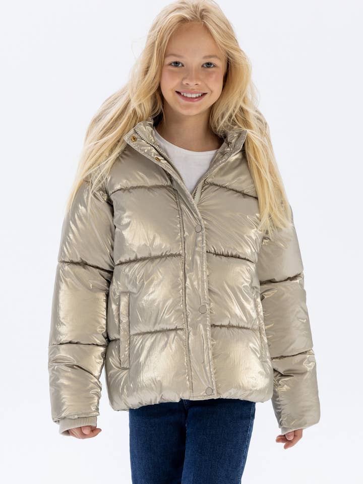 Girls Padded Jacket Metallic Gold Quilted Hooded Design for wholesale by Minoti sp. z o.o.