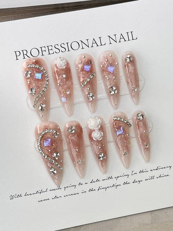 PINK Detachable Geometric Rhine Stones Press-On Nails for wholesale on Faire