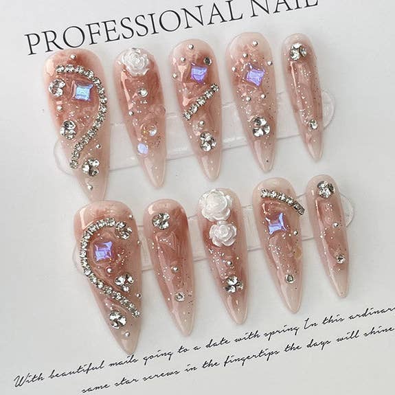 PINK Detachable Geometric Rhine Stones Press-On Nails for wholesale on Faire0