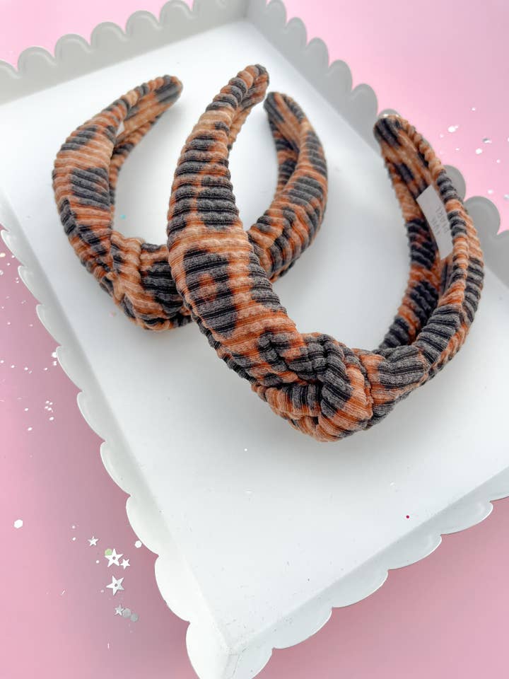 Leopard Ribbed Knotted Headband for wholesale by Evie Pearl Handmade LLC