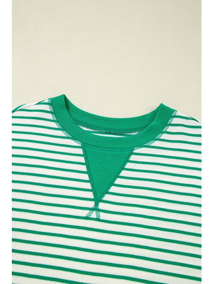 Bright Green Stripe Reverse Seam Patchwork Long Sleeve Top for wholesale on Faire3