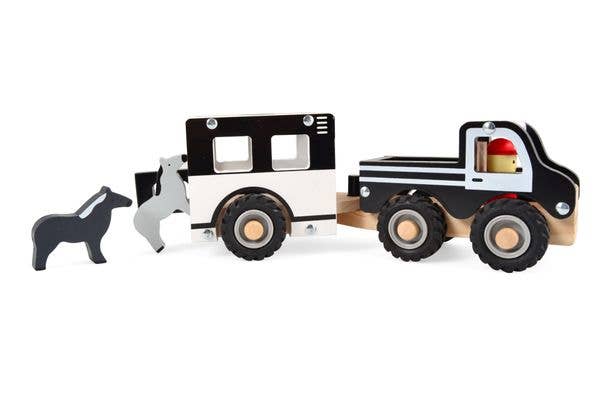 Magni ApS - Wholesale Toy Car/Truck - Kids - Wooden Car With Horse Trailer and Horses, Rubber Wheels